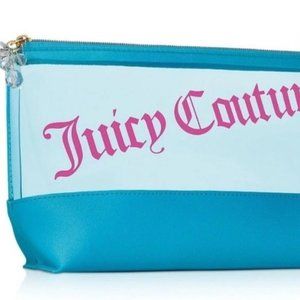 Juicy Couture Makeup Cosmetic Bag Blue Teal 9" X 6" Pink Logo Crystal Zipper